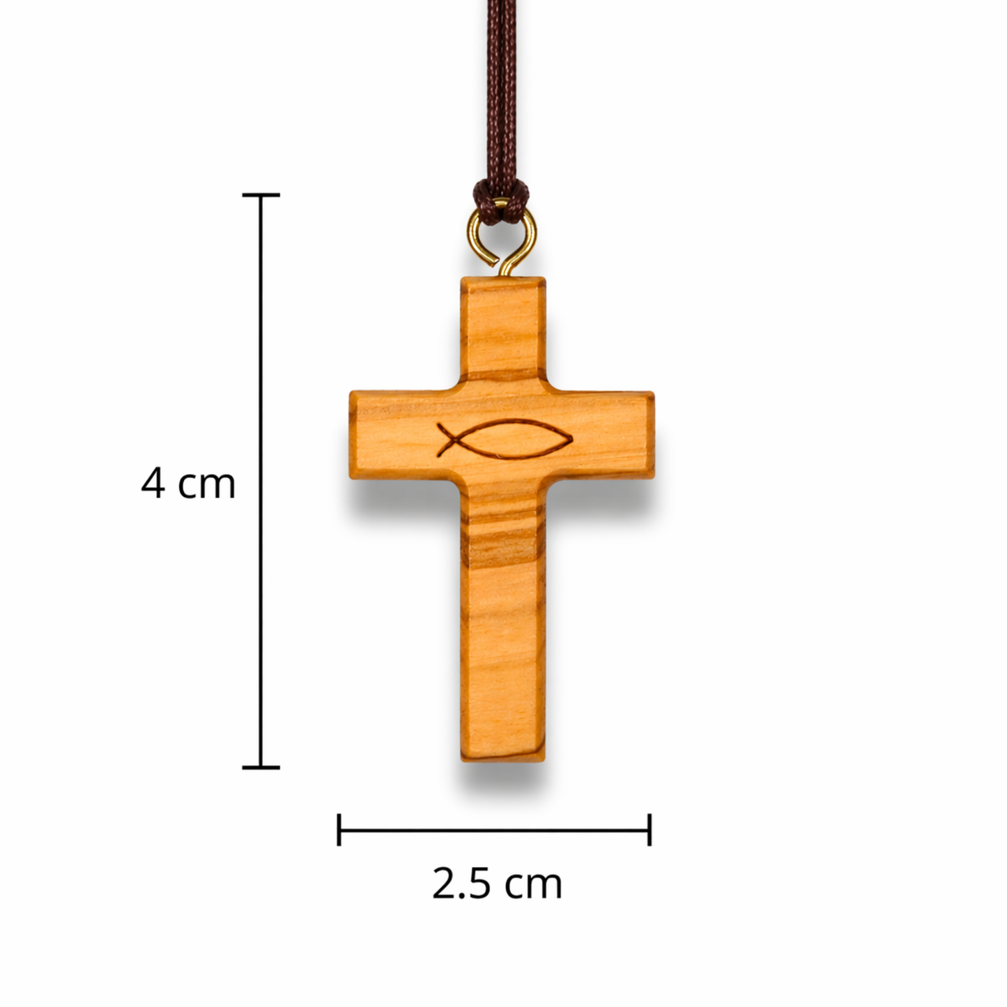 Wooden cross pendant with fish symbol and measurement details on a white background