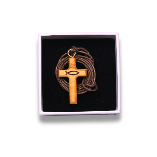 Ichthus Way Olive Wood Cross Necklace in gift box