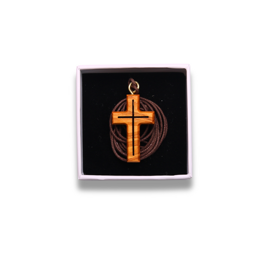 Inner Olive Wood Cross Necklace in gift box