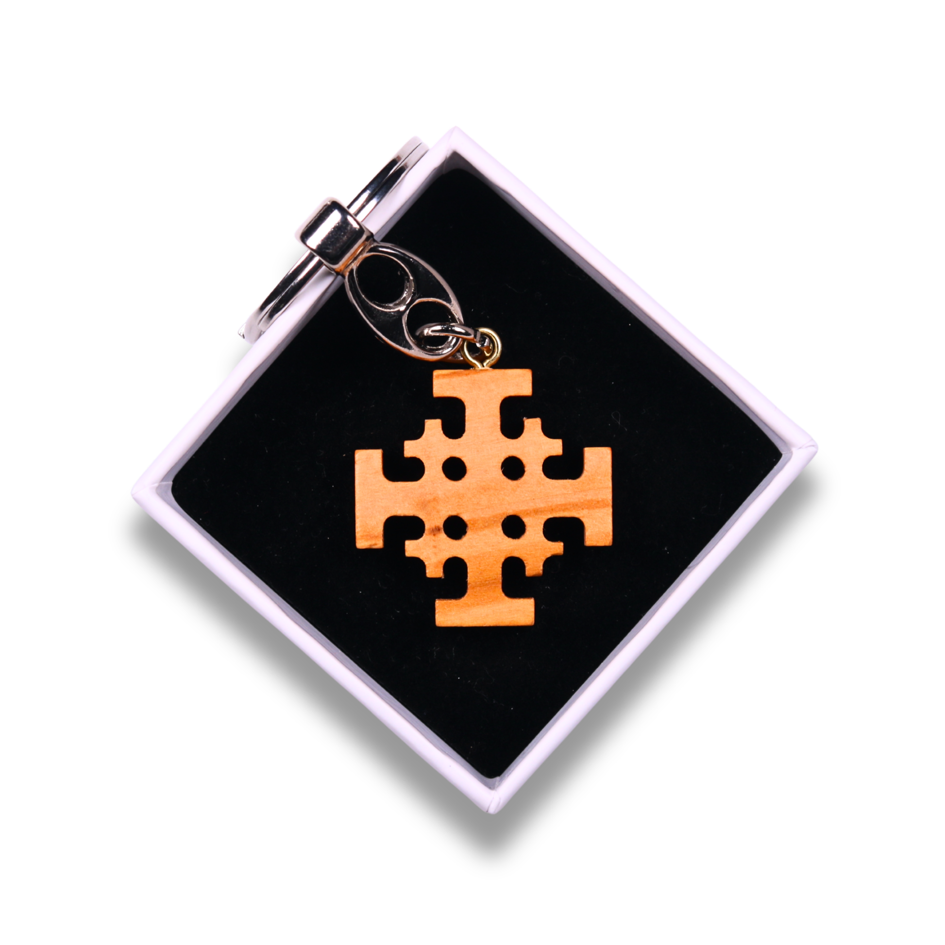 Jerusalem Cross Olive Wood Keychain In Gift Box