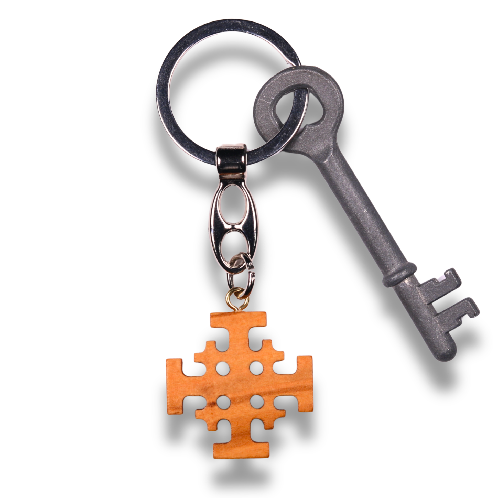 Jerusalem Cross Olive Wood Keychain With Key
