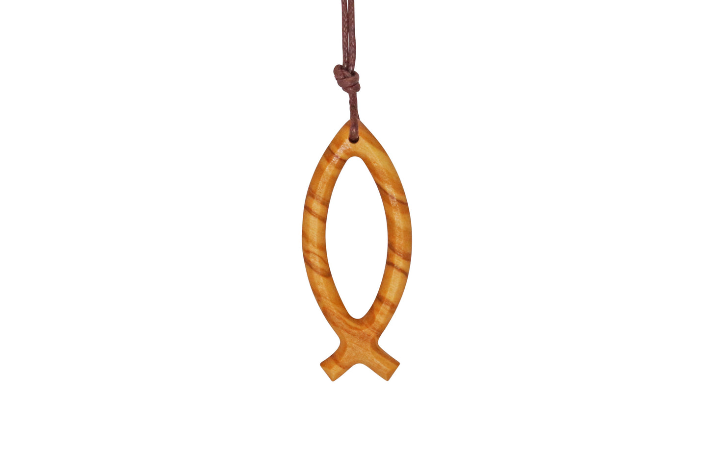 Jesus fish Ichthus olive wood cross necklace close up