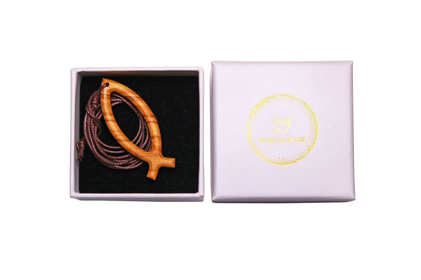 Jesus fish Ichthus olive wood cross necklace in gift box