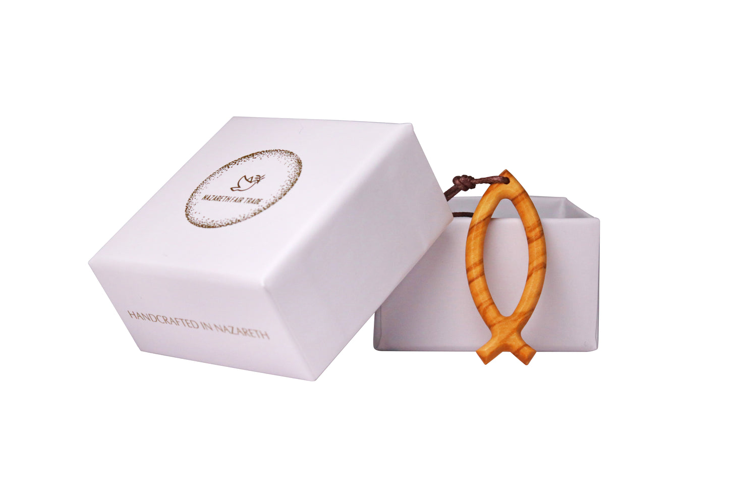 Jesus fish Ichthus olive wood cross necklace outside gift box