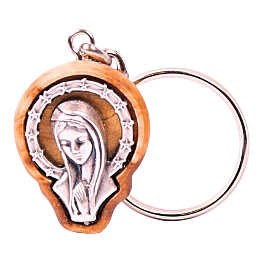 Olive wood keychain featuring a silver-toned metal depiction of the Virgin Mary surrounded by a halo of stars.