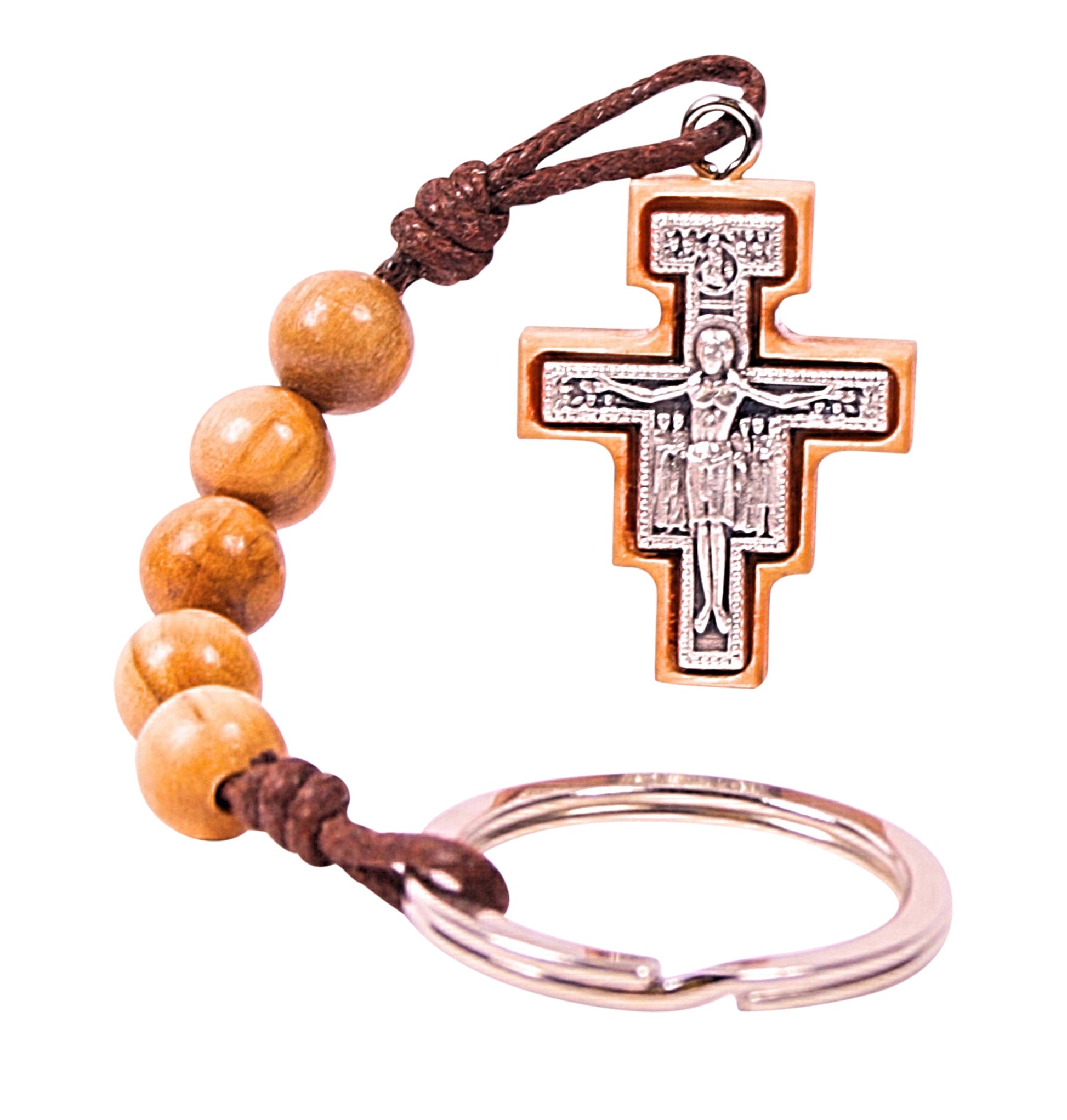 Olive wood keychain featuring a detailed San Damiano Crucifix in silver-toned metal, surrounded by an olive wood frame and accompanied by five olive wood beads on a braided cord.