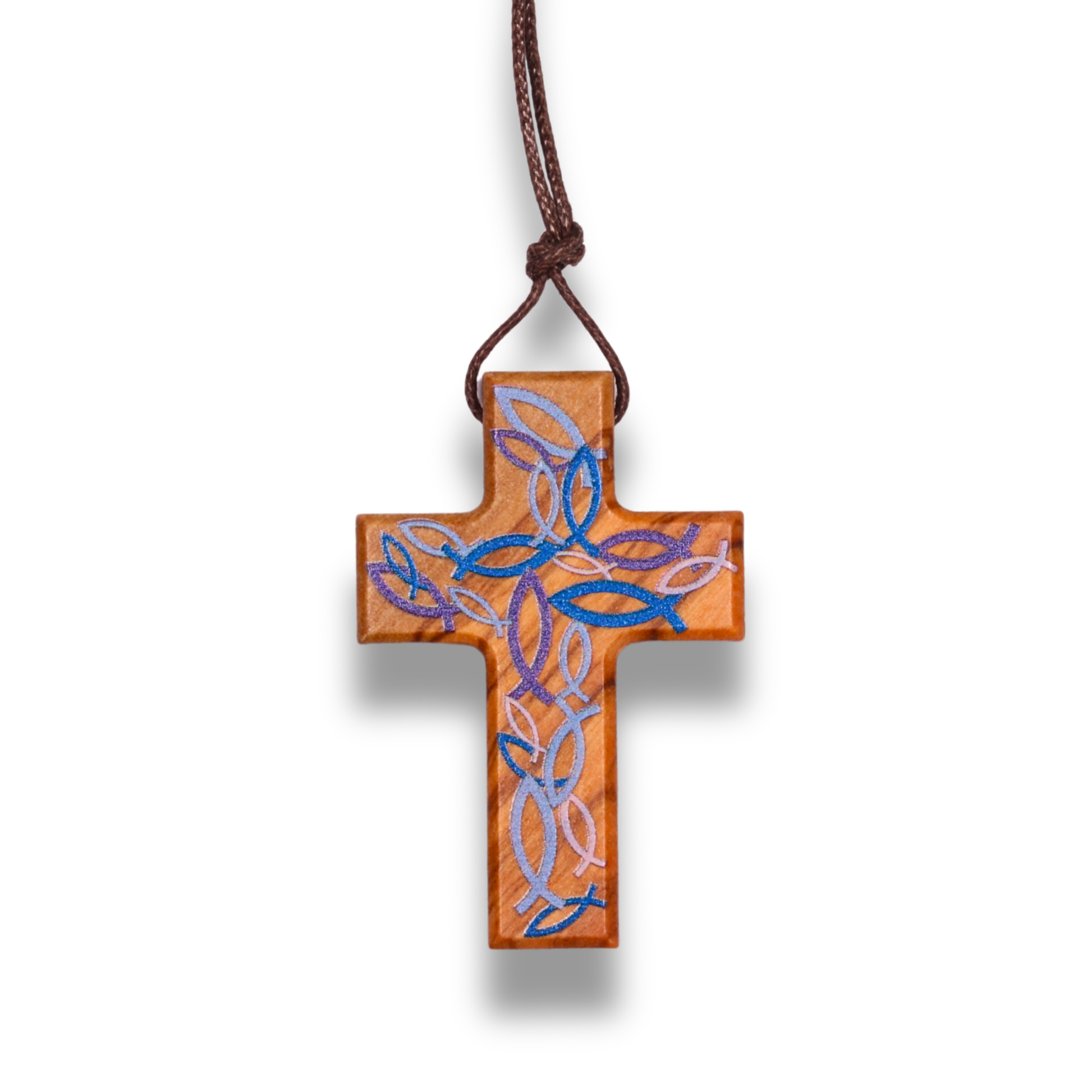 Handcrafted olive wood cross necklace featuring intricate blue and violet Ichthus fish engravings forming a woven pattern on the surface, suspended on a brown cord.
