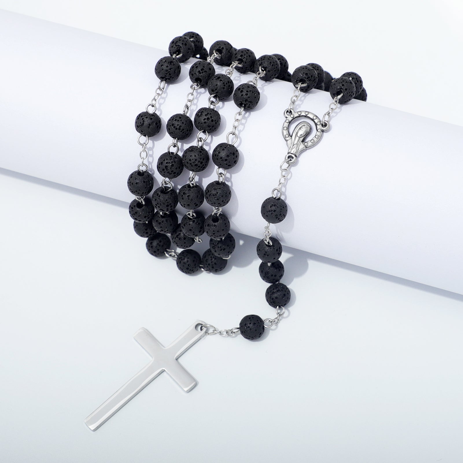 Lava Stone Rosary Necklace Draped