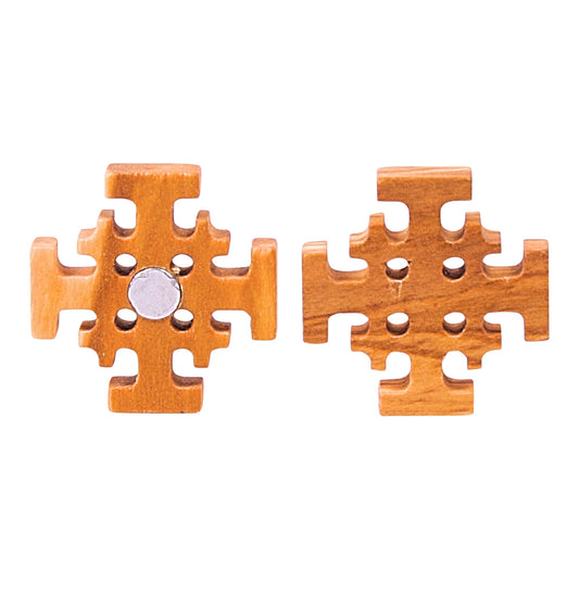 An olive wood Jerusalem cross magnet, with the front view showing a central cross with four smaller crosses in the corners, and the reverse view displaying the attached circular magnet at the center back.