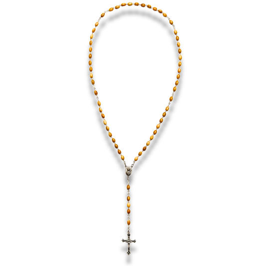 Full Maria olive wood five-decade rosary on silver toned chain