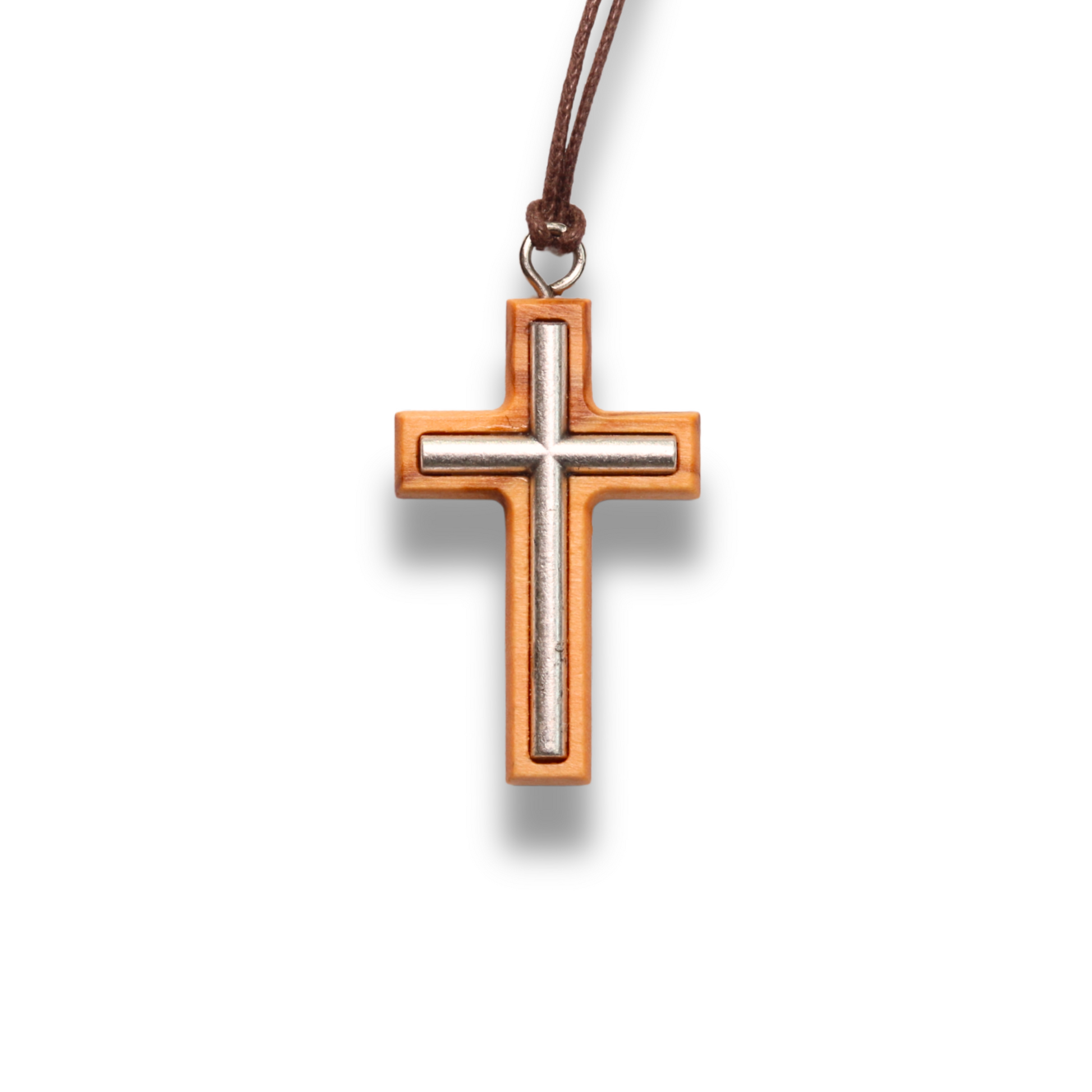 Metal cross olive wood necklace close up