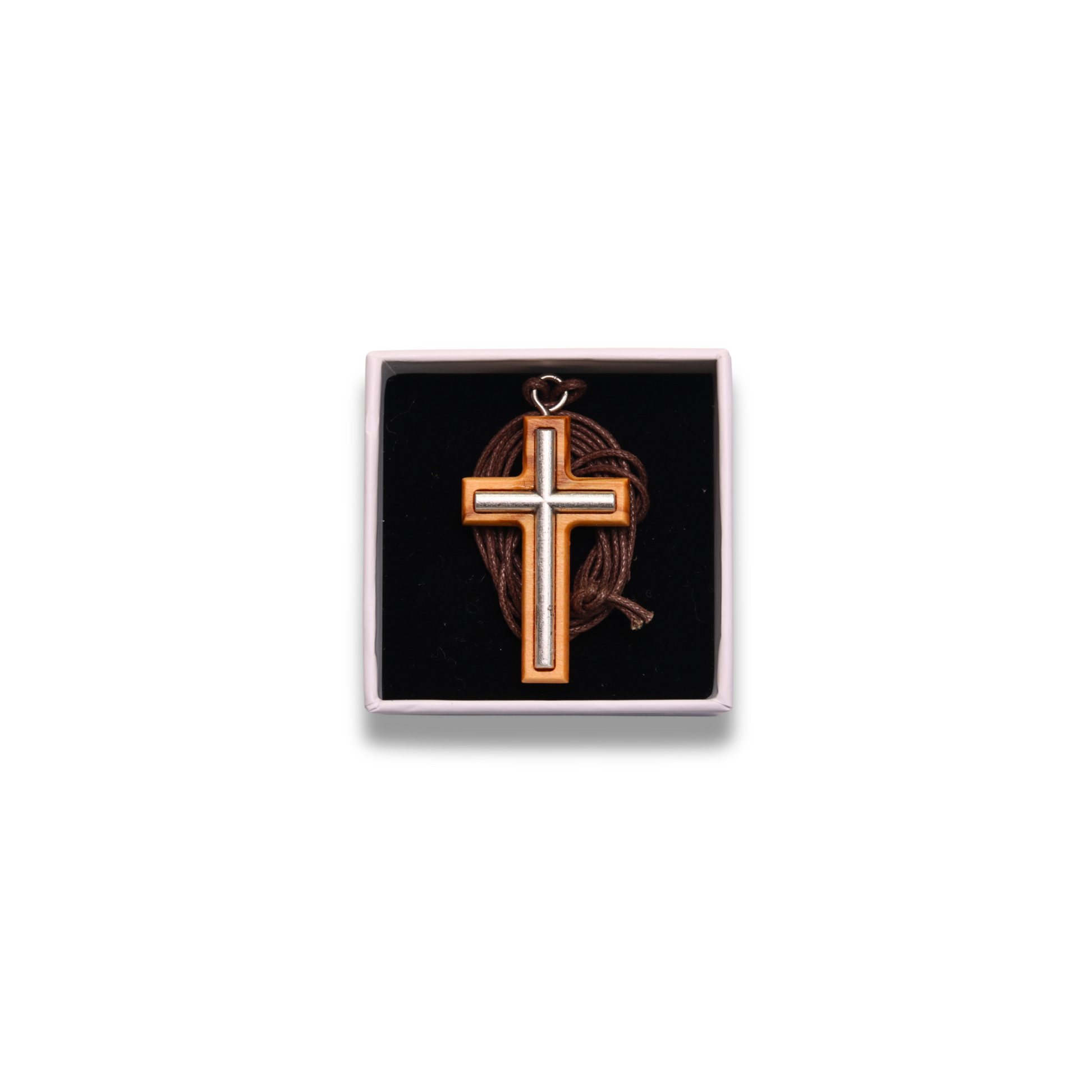 Metal cross olive wood necklace in gift box