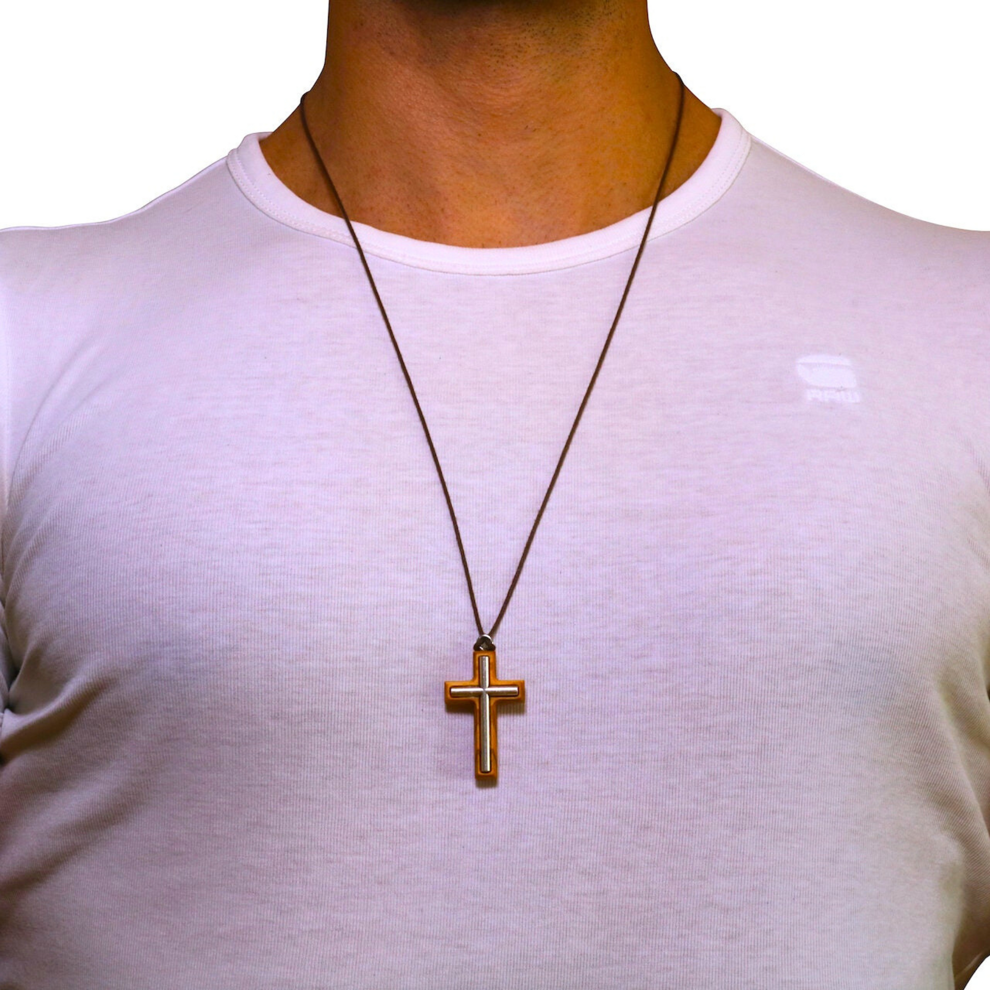 Man wearing metal cross olive wood necklace