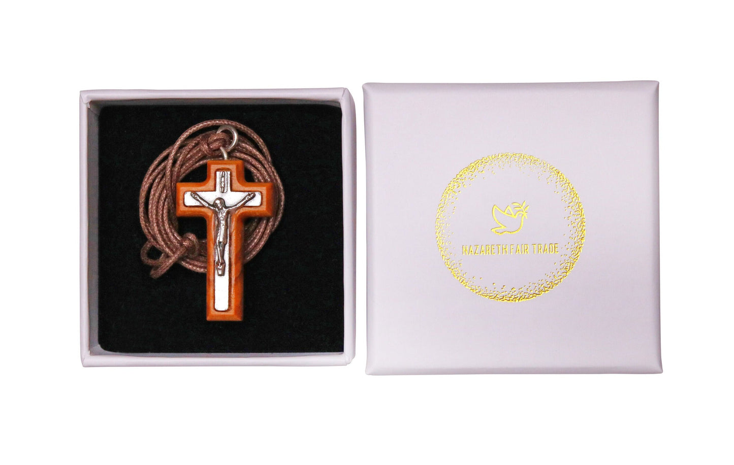 Metal Crucifix Framed in Olive Wood With Silver Christ Necklace In Gift Box
