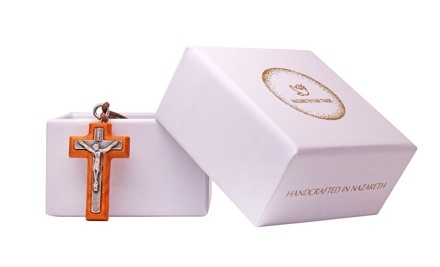 Metal Crucifix Framed in Olive Wood With Silver Christ Necklace Outside Gift Box