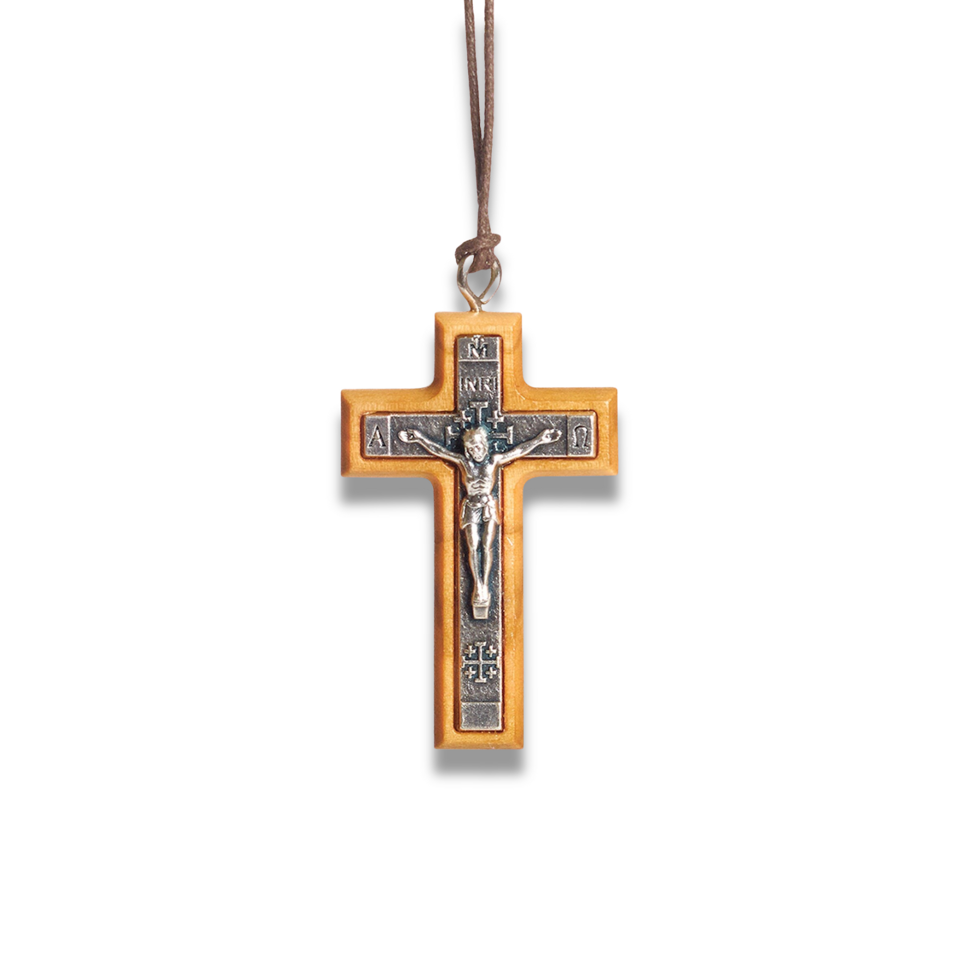Crucifix necklace on a white background