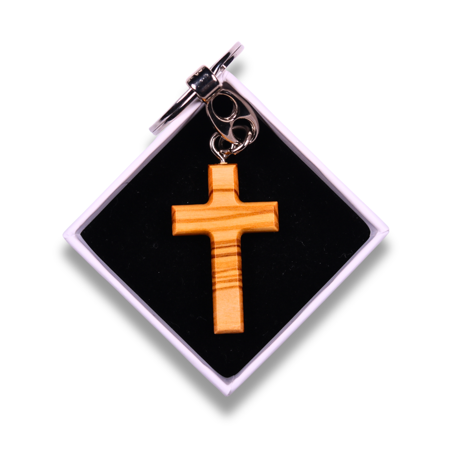 Minimalist Olive Wood Cross Keychain In Gift Box