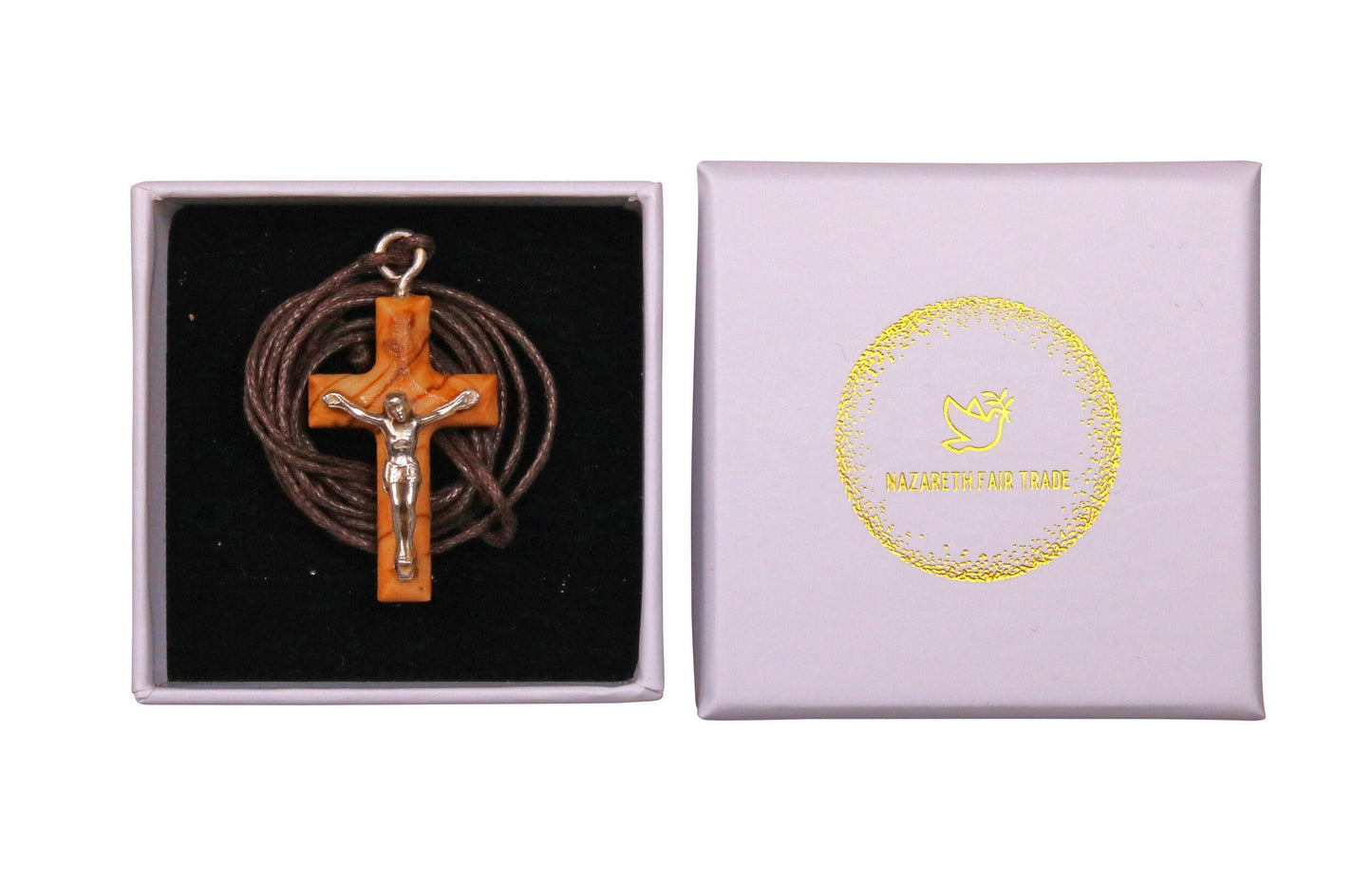 Minimalist Olive Wood Crucifix With Silver Christ In Gift Box