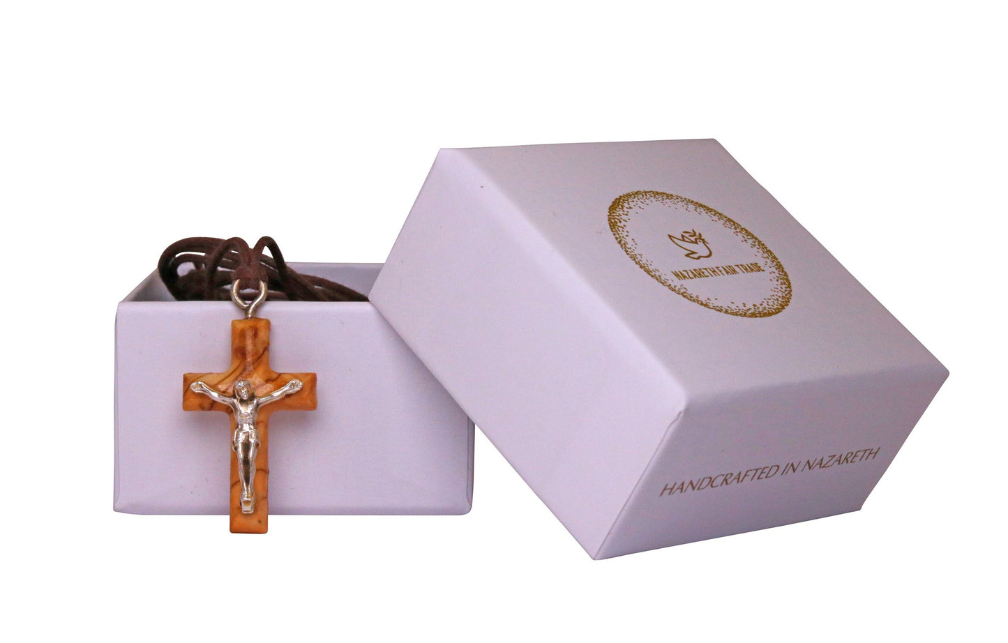 Minimalist Olive Wood Crucifix With Silver Christ Outside Gift Box