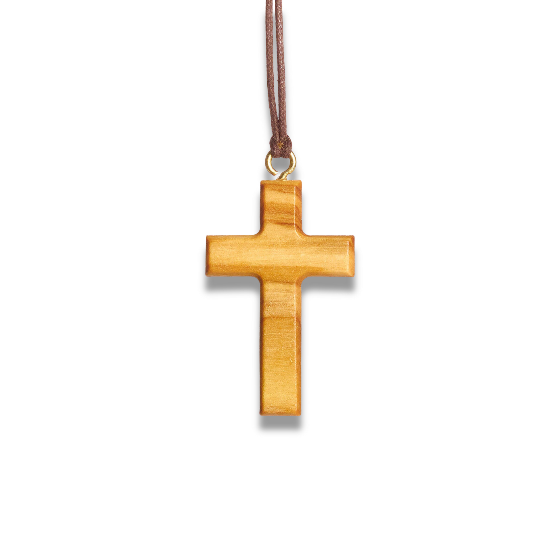 Olive wood cross pendant on a brown cord against a white background