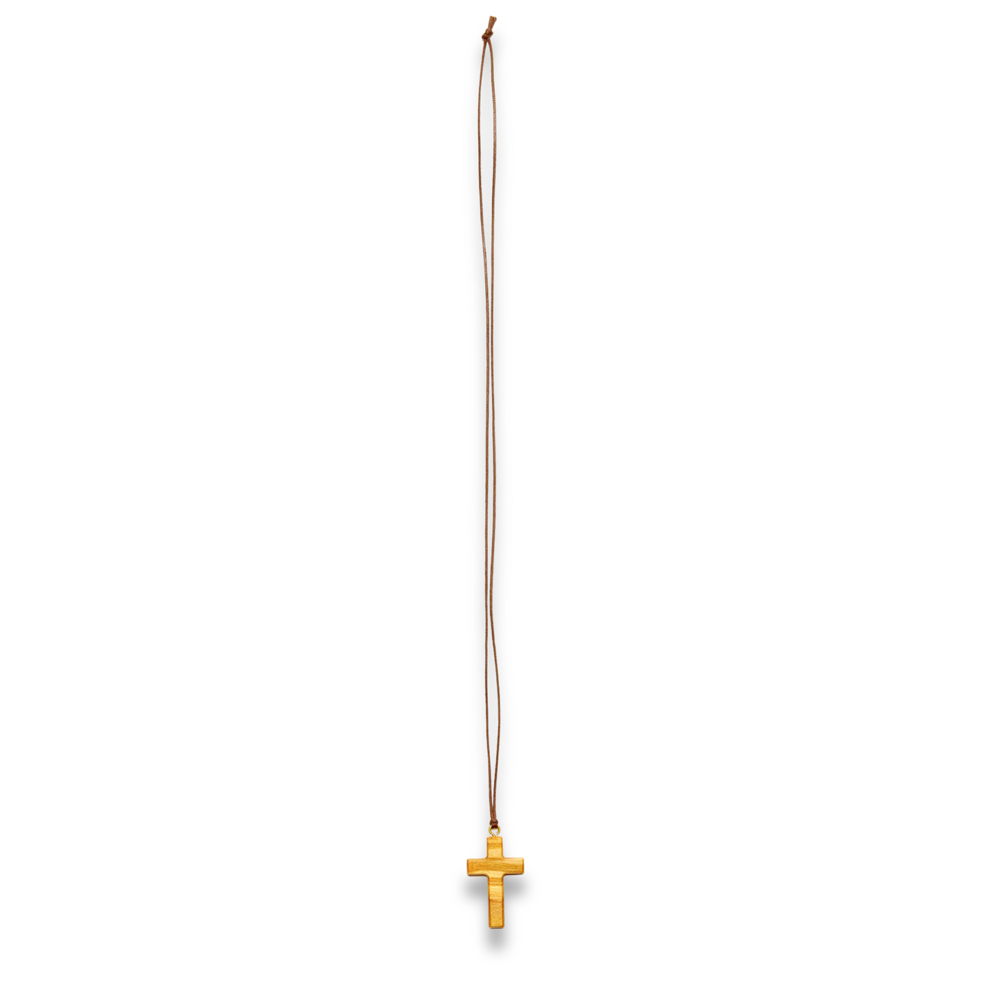 Olive wood cross pendant against a white background