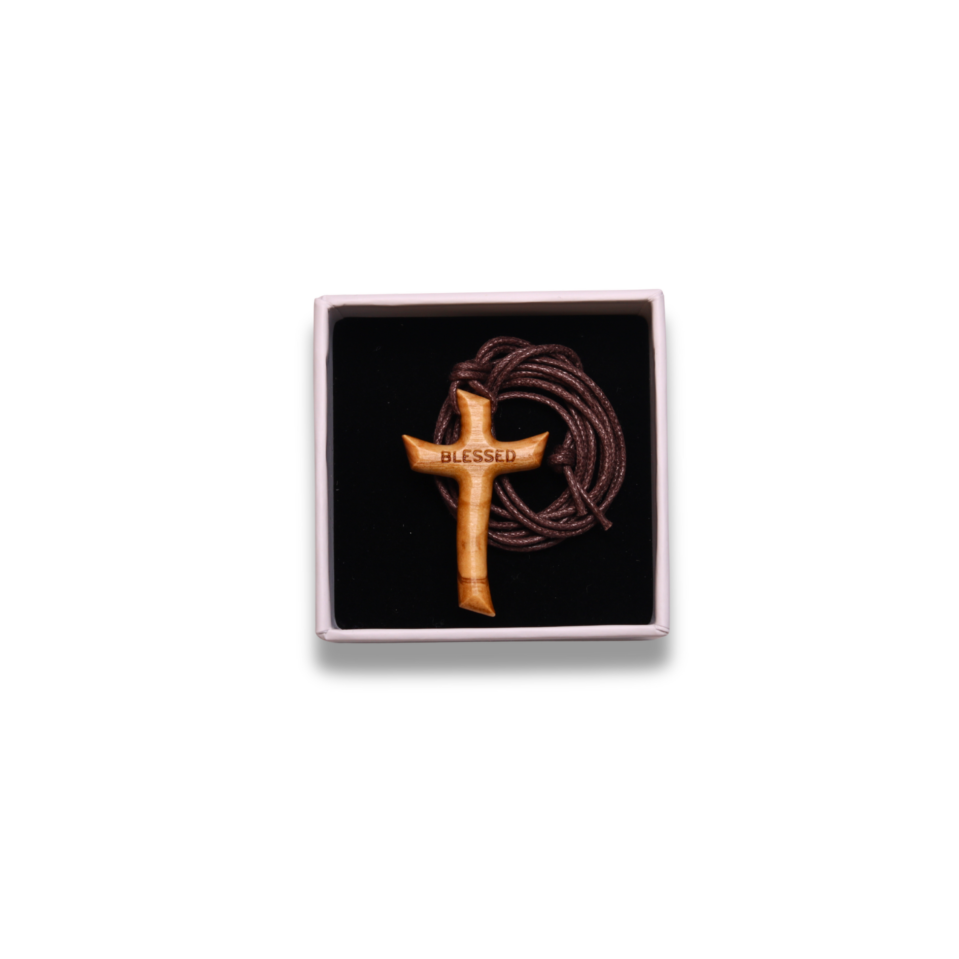Blessed Olive Wood Cross Necklace in box