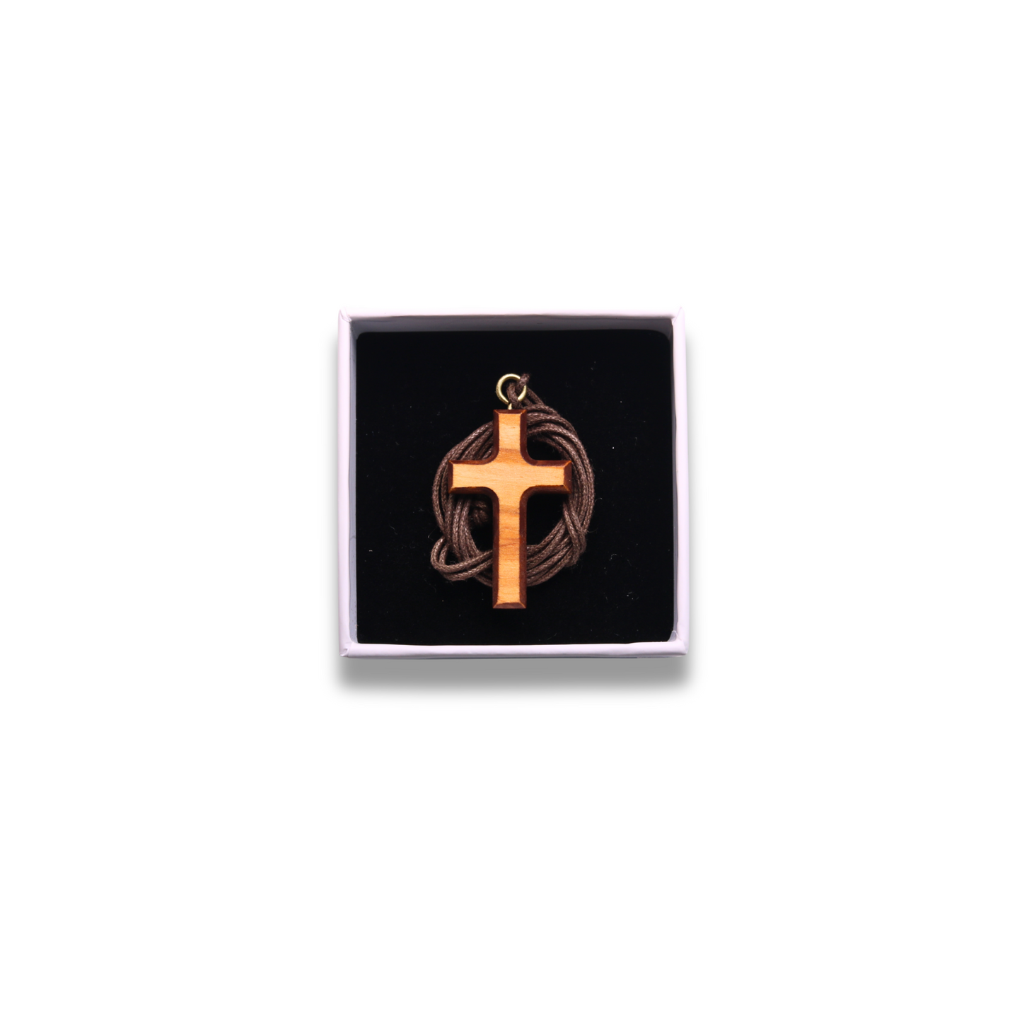 Olive wood cross with brown edges and cord