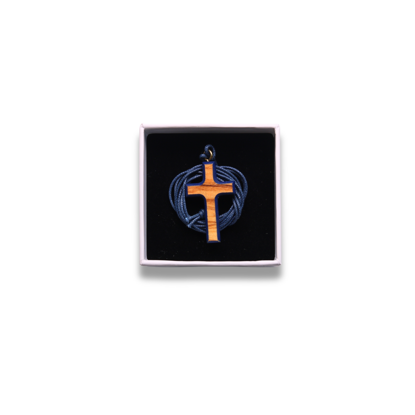 Olive wood cross with dark blue edges and cord