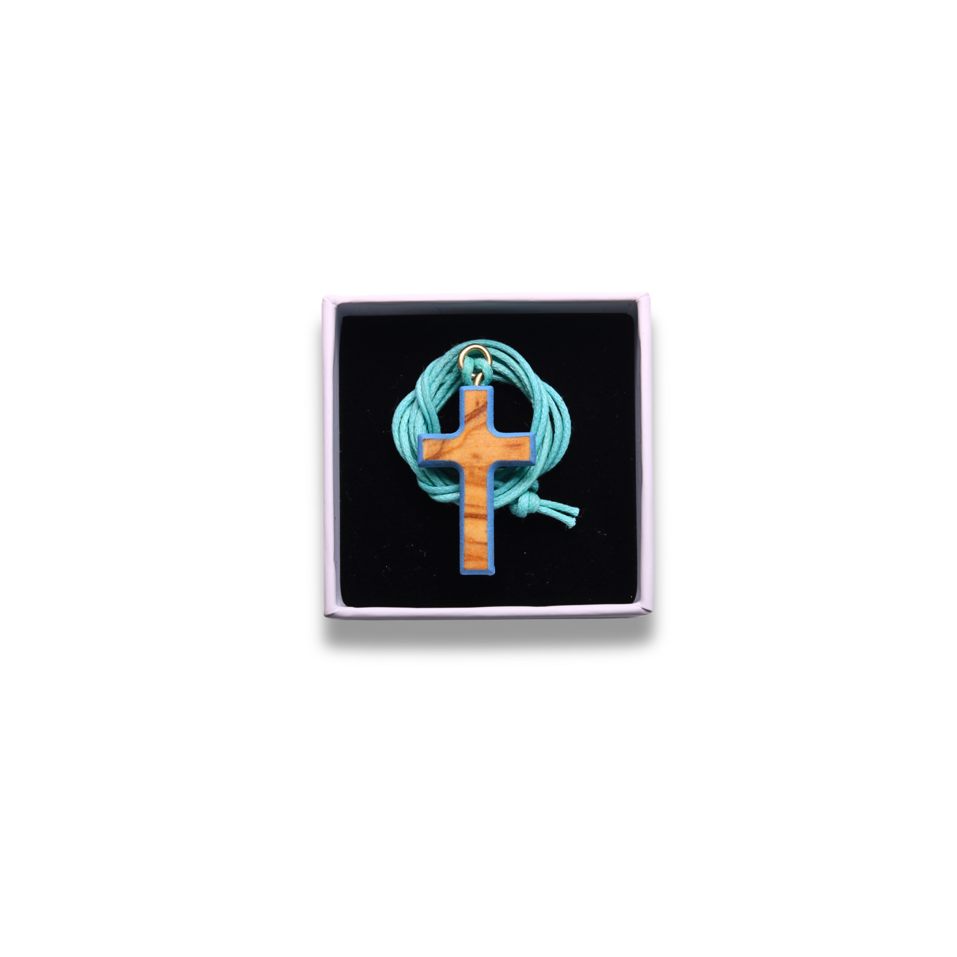 Olive wood cross with light blue edges and cord
