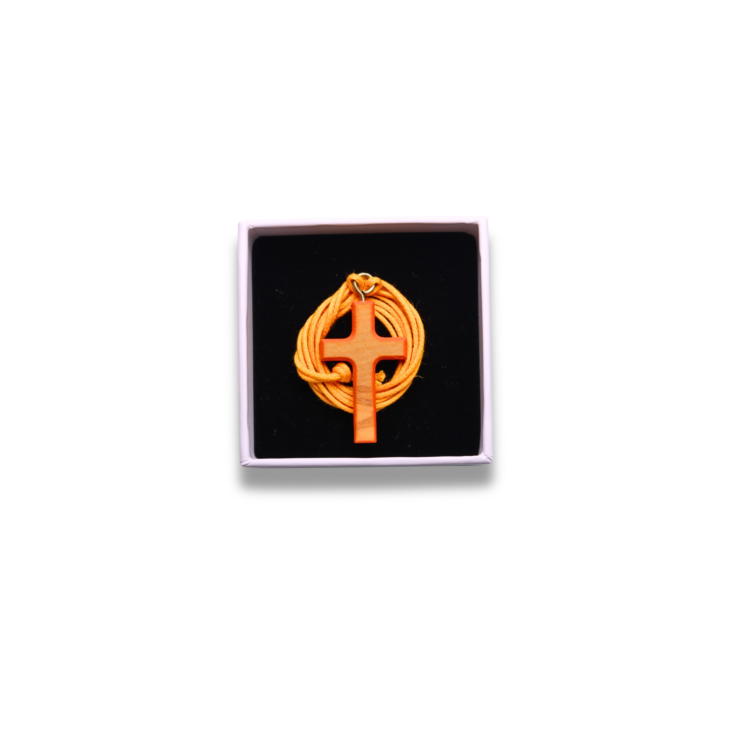 Olive wood cross with orange edges and cord