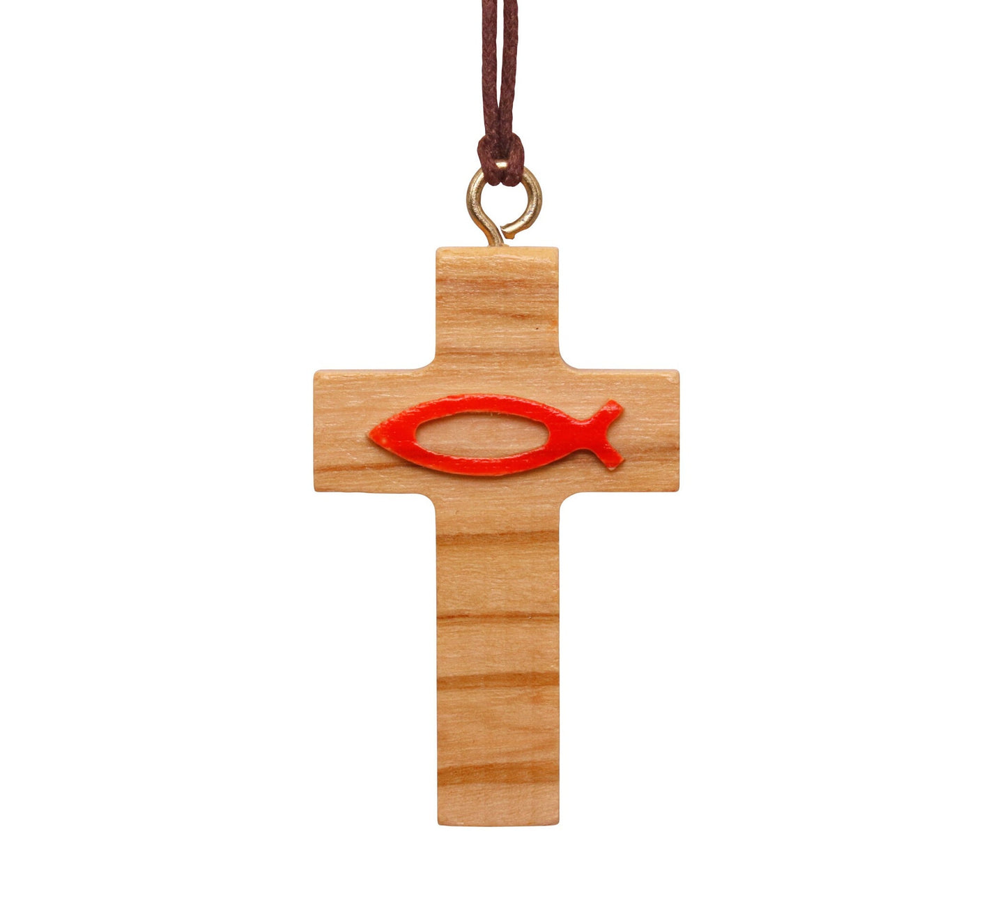 Olive Wood Cross & Red Ichthys Necklace Close Up