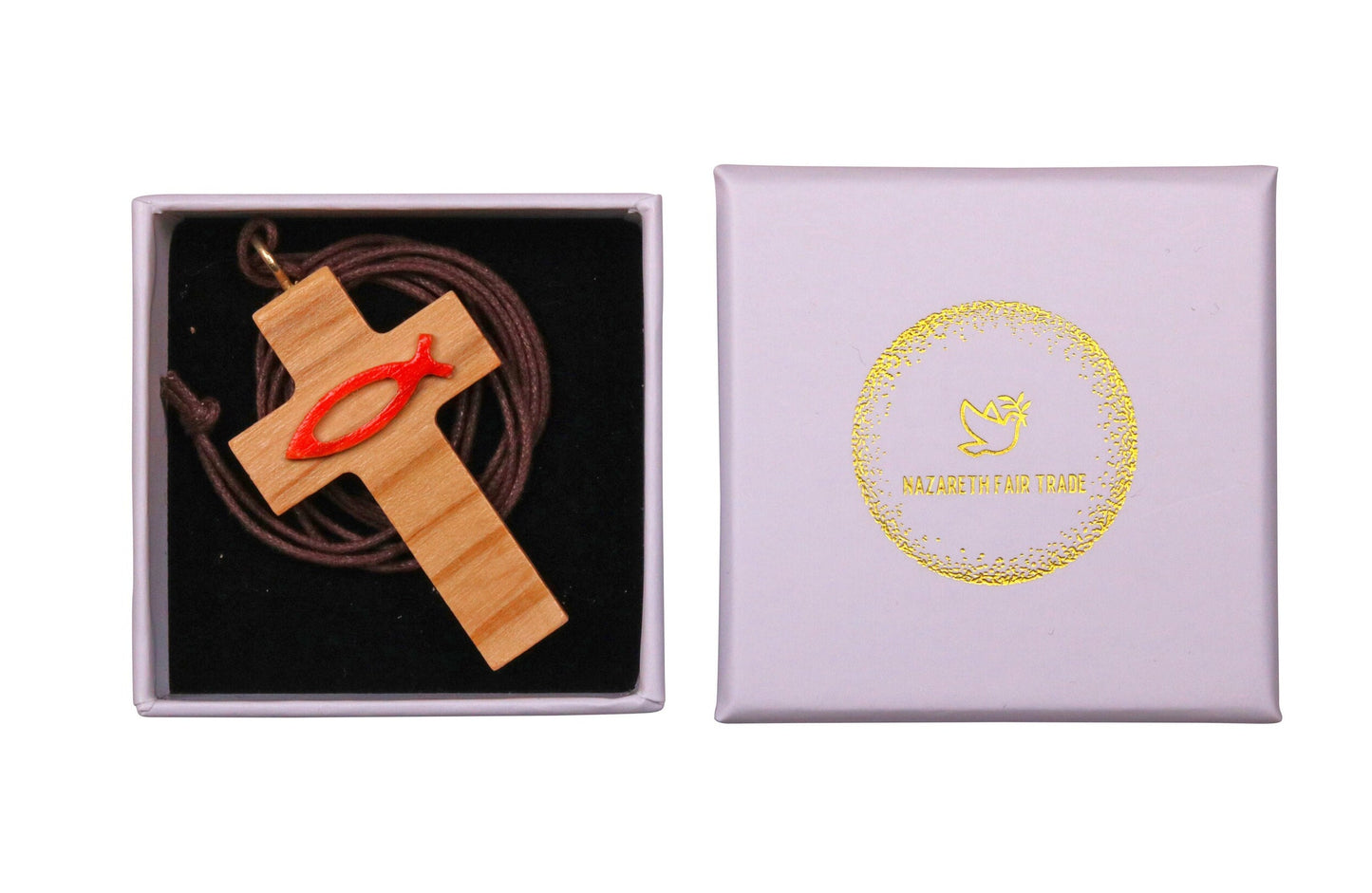 Olive Wood Cross & Red Ichthys Necklace In Gift Box
