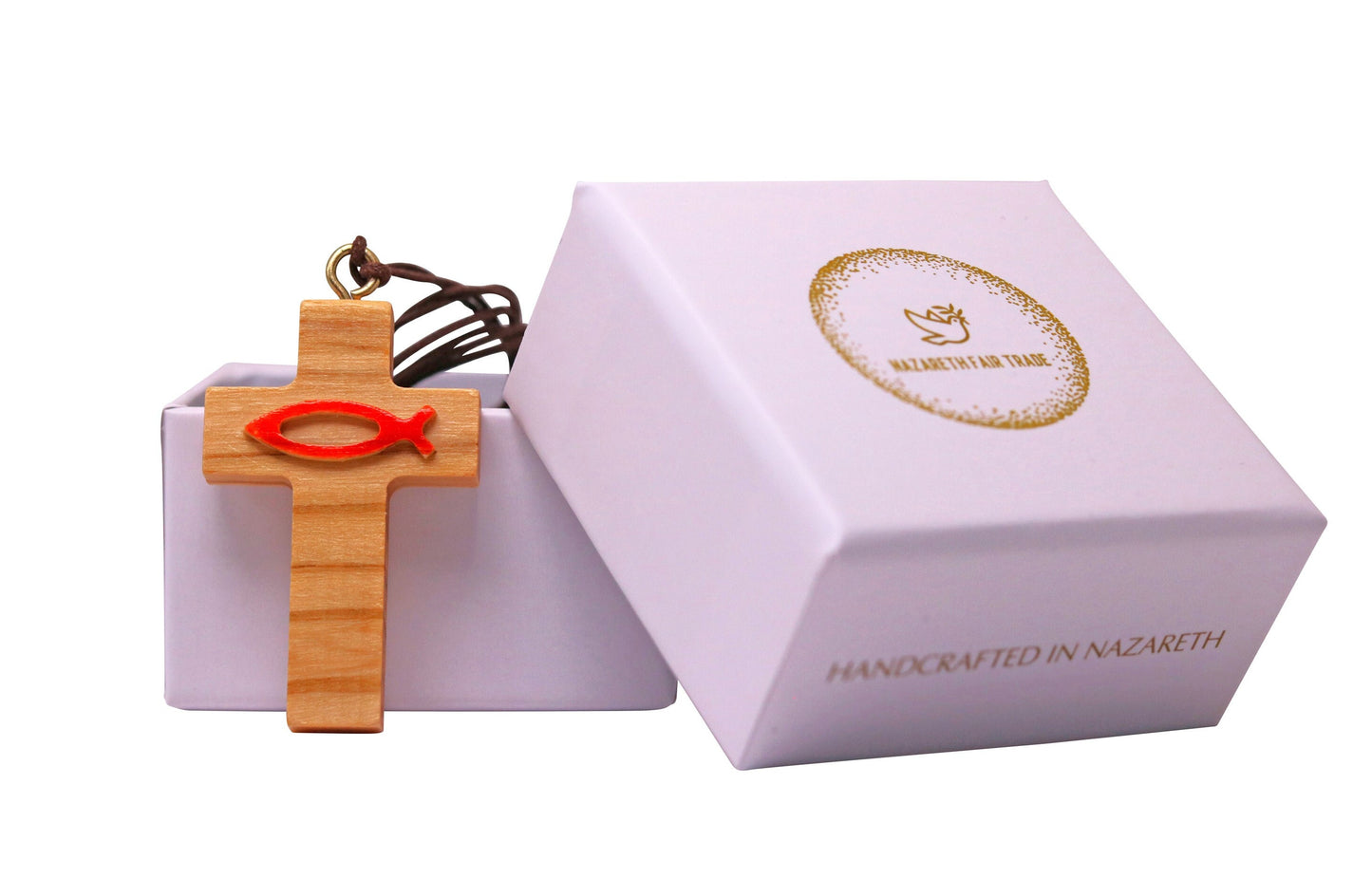 Olive Wood Cross & Red Ichthys Necklace Outside Gift Box