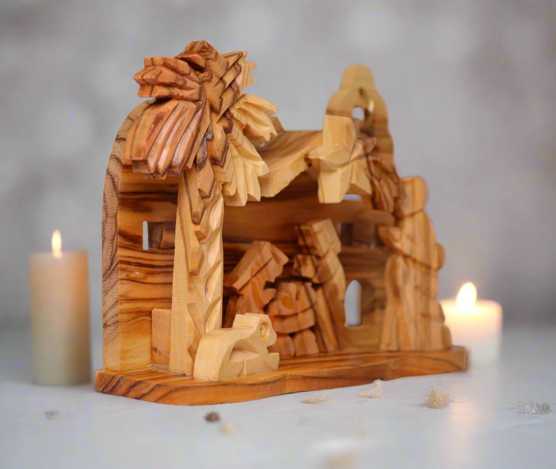 Olive Wood Nativity Crib Cozy Setting