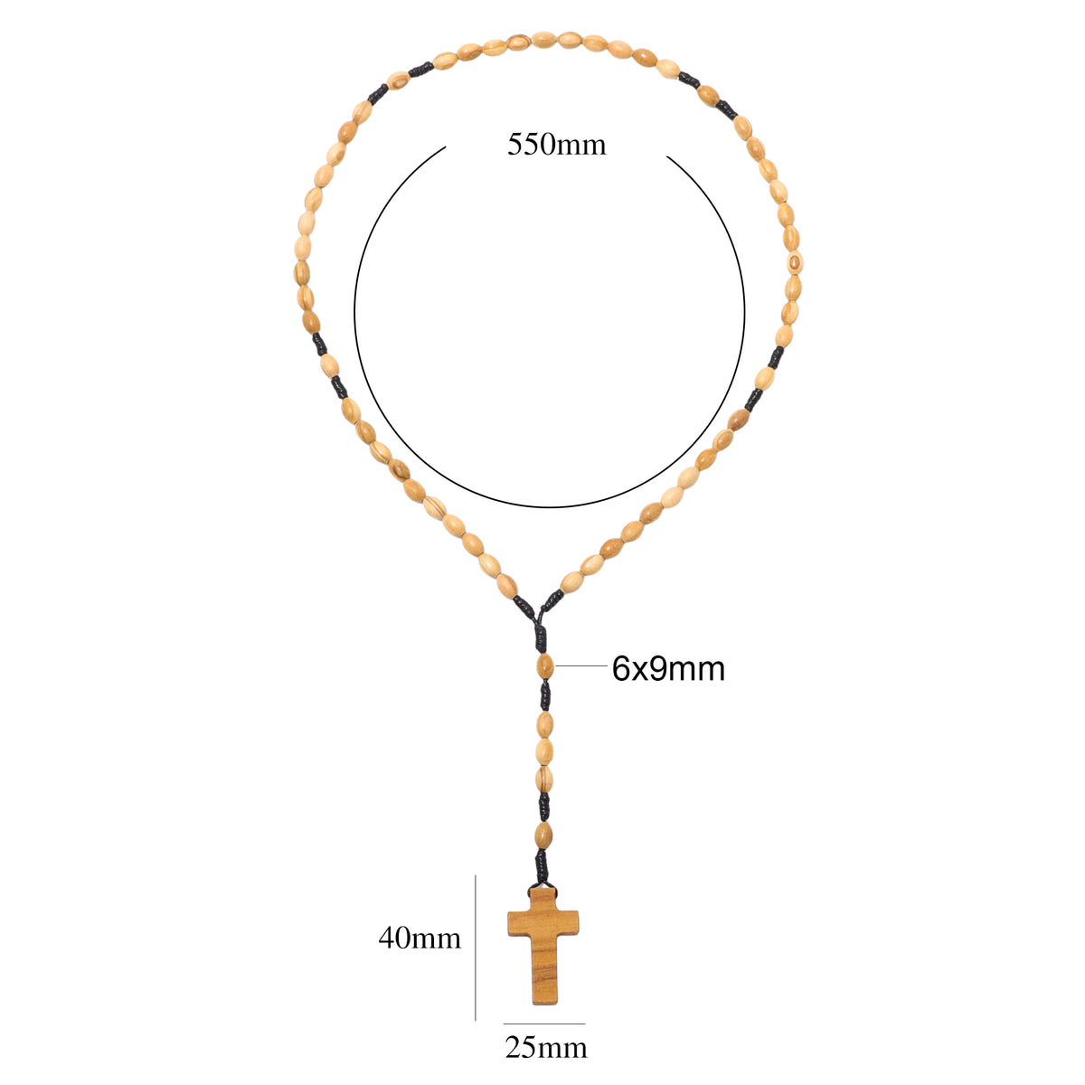 Oval olive wood five-decade rosary 6 × 9mm dimensions