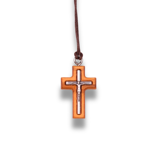 Puritas Crucifix Olive Wood Necklace Close Up