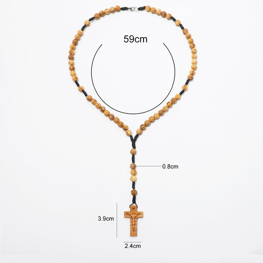 Wooden bead rosary necklace with a wooden crucifix pendant, shown with dimension labels
