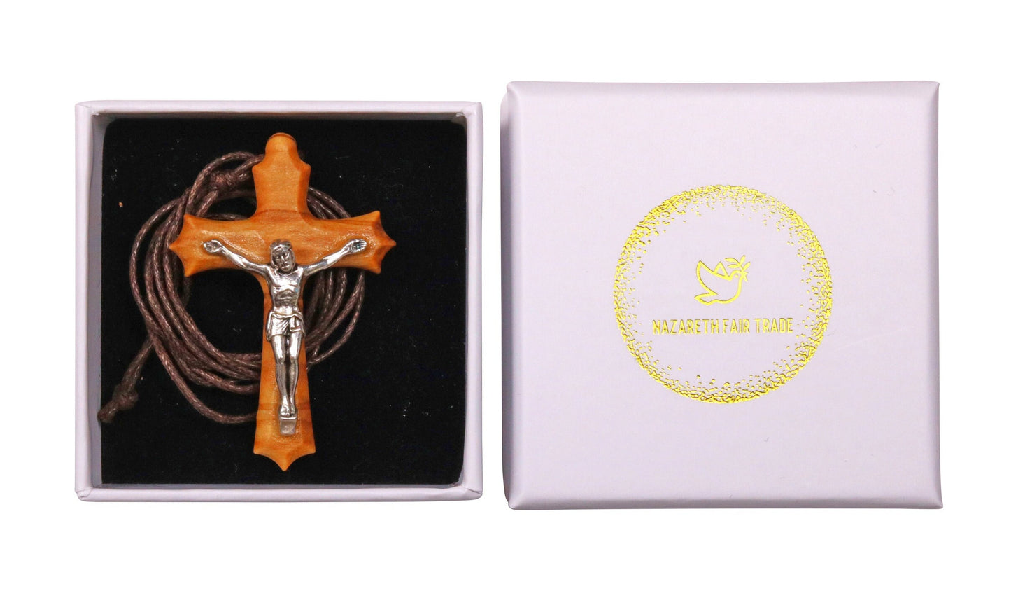 Olive Wood & Silver Christ Crucifix Necklace In Gift Box