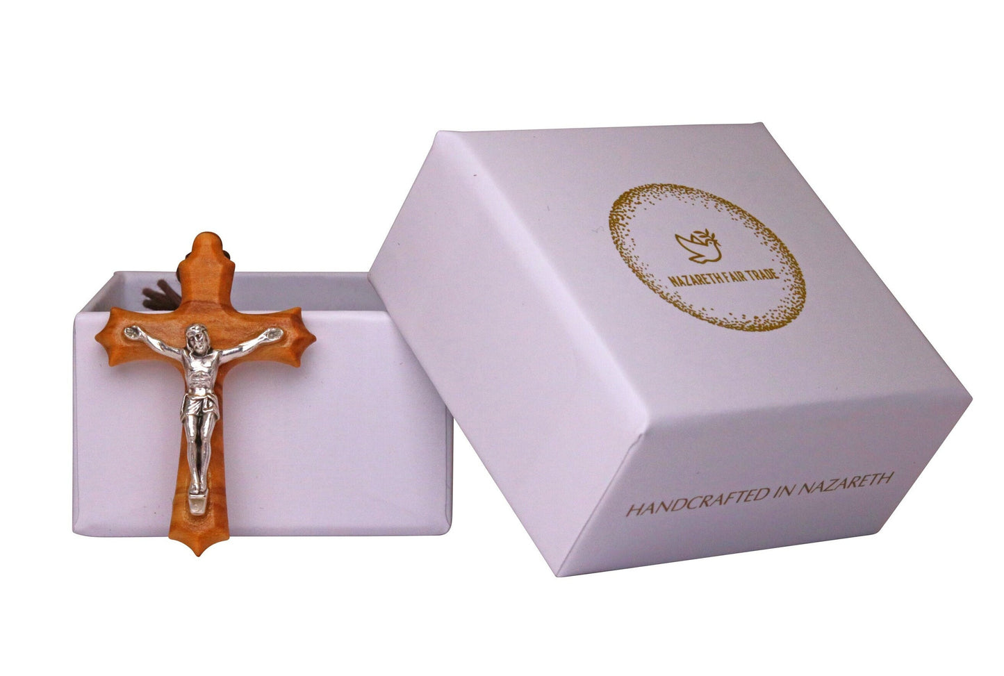 Olive Wood & Silver Christ Crucifix Necklace Outside Gift Box