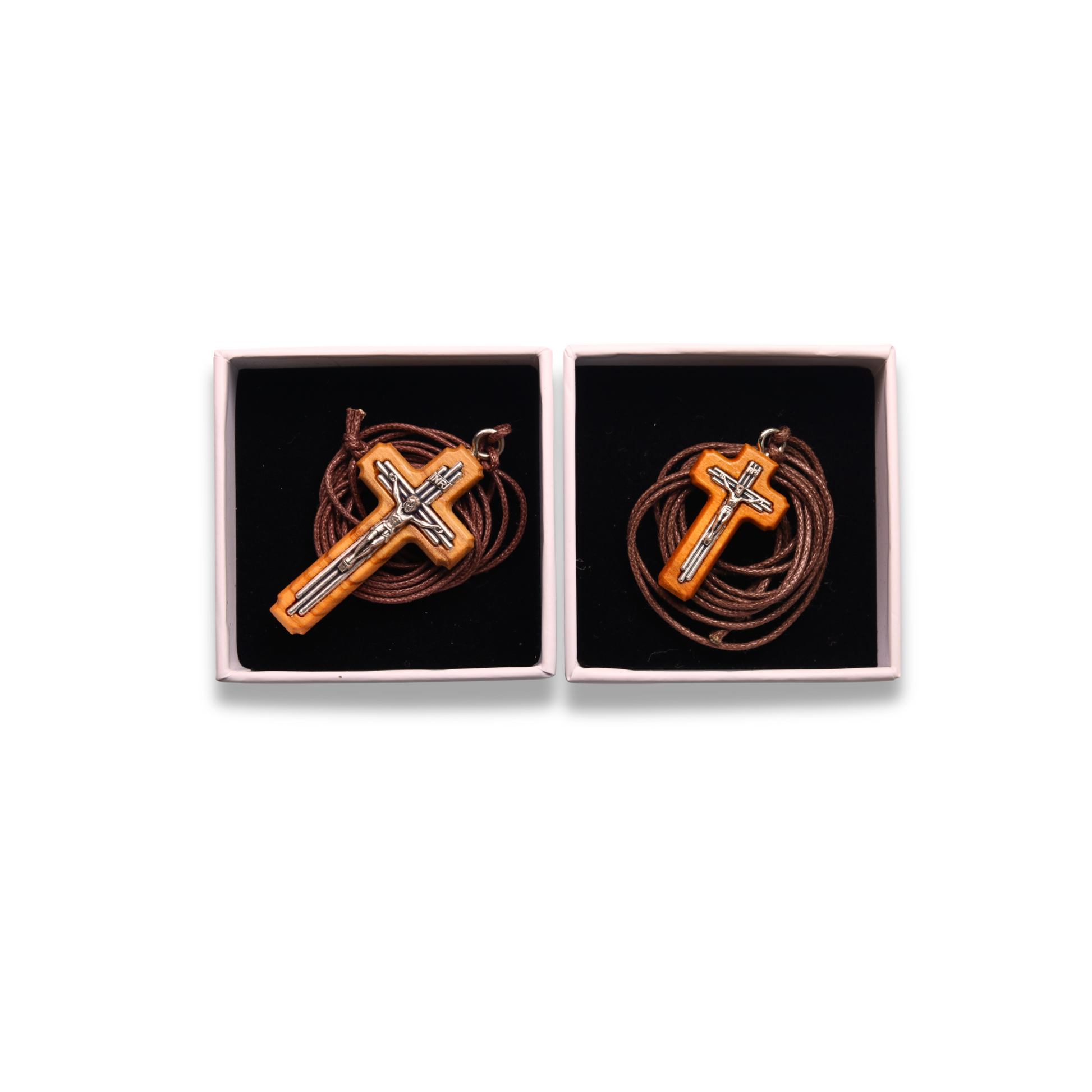 Olive Wood Tri-Line Metal Crucifix Necklaces in gift boxes