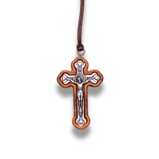 Tri-Protrusion Olive Wood Framed Metal Crucifix Necklace close up
