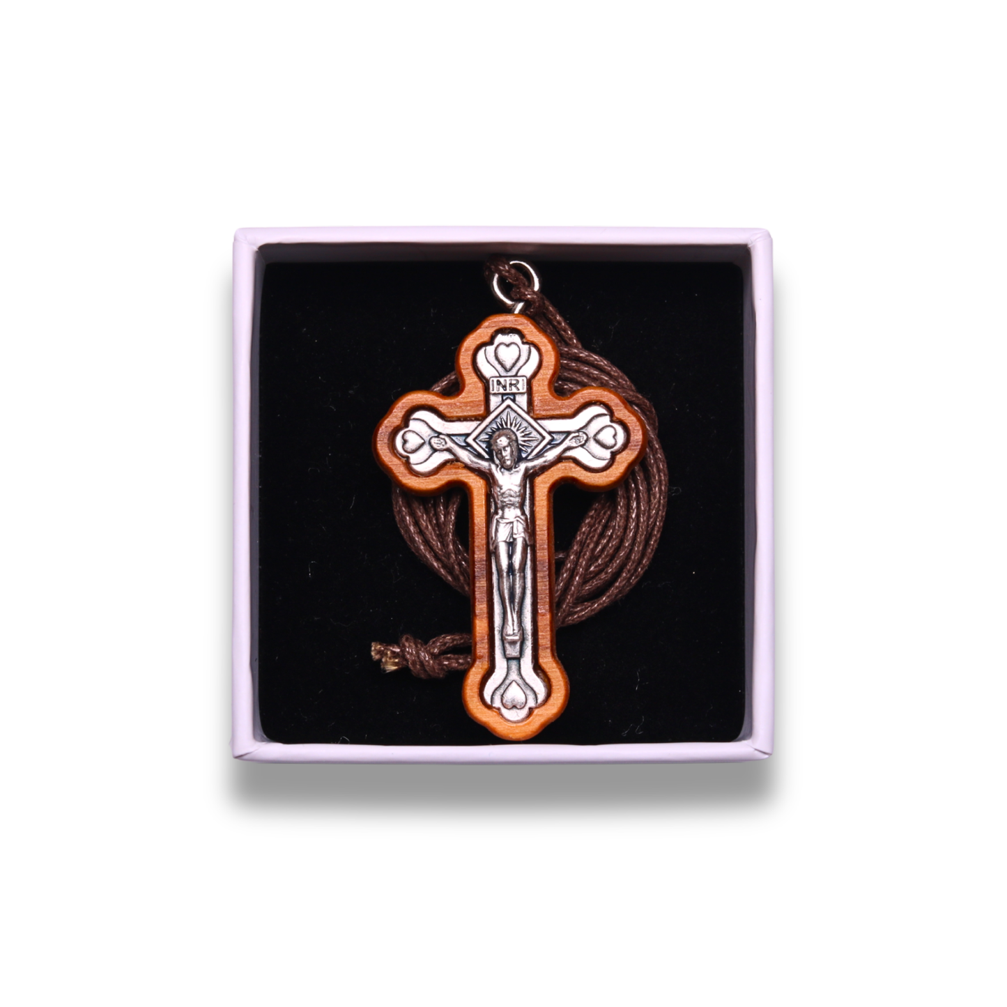 Tri-Protrusion Olive Wood Framed Metal Crucifix Necklace in gift box