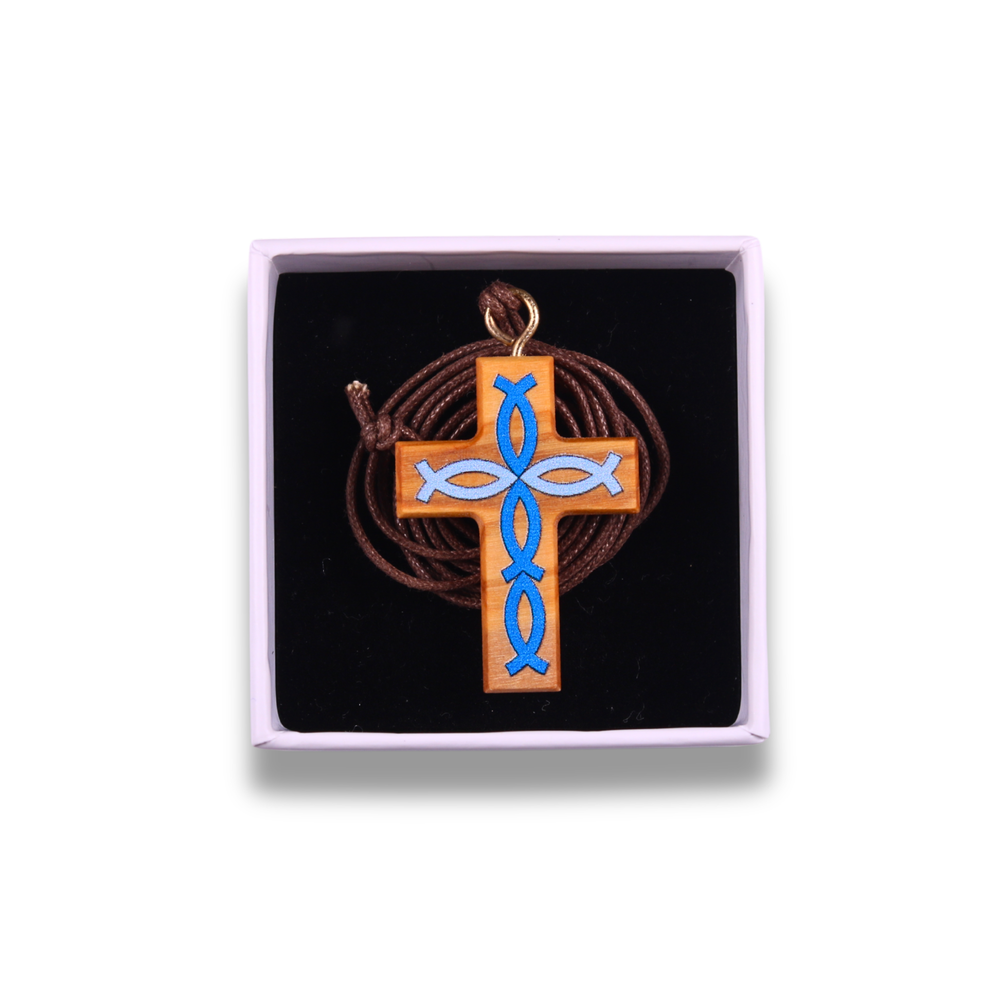 Olive wood cross pendant with blue fish symbols in a gift box