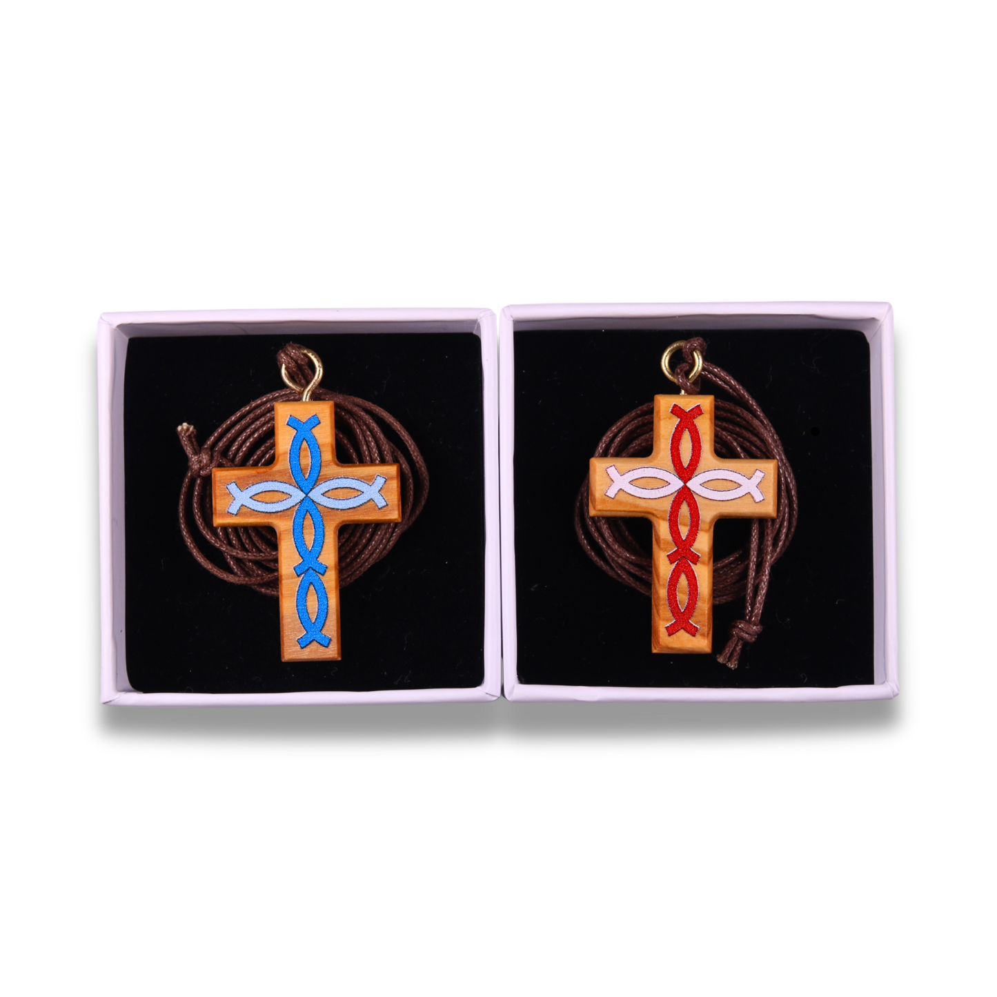 Two Olive wood cross pendants with blue and red fish symbols in gift boxes