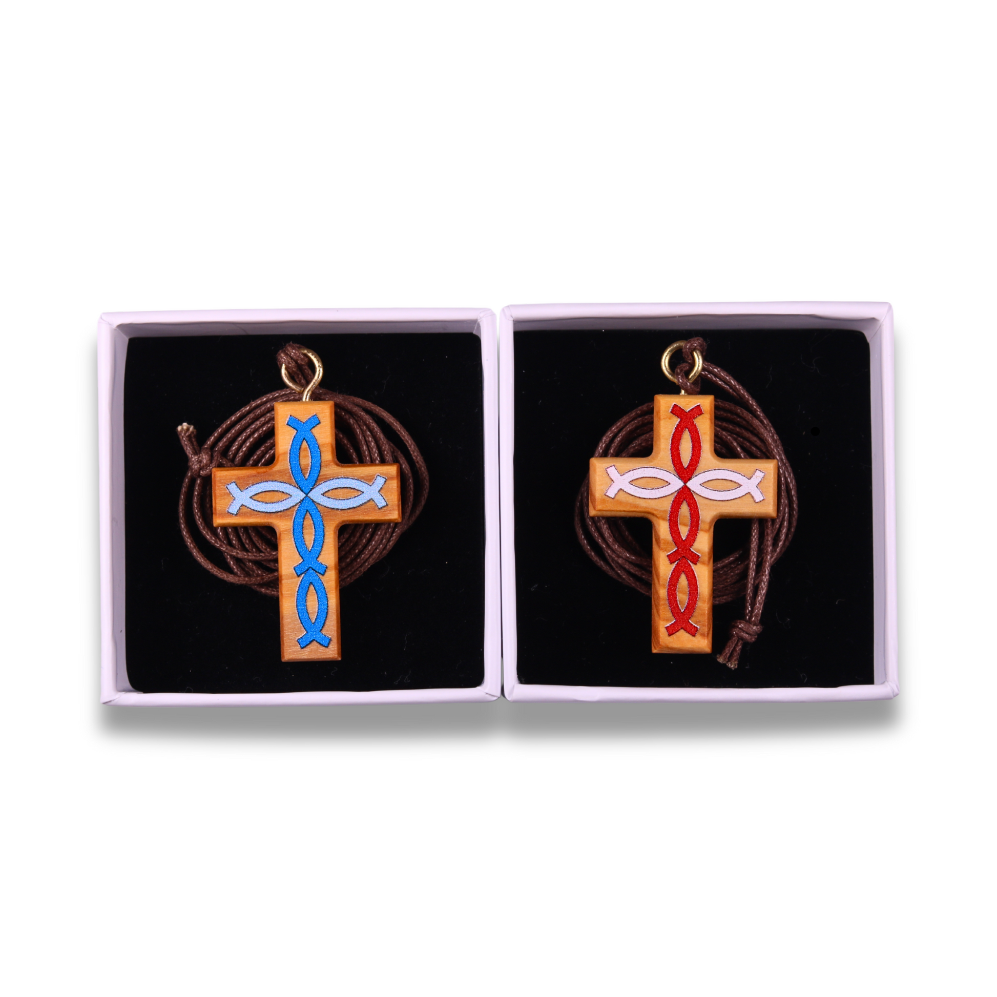 Two Olive wood cross pendants with blue and red fish symbols in gift boxes