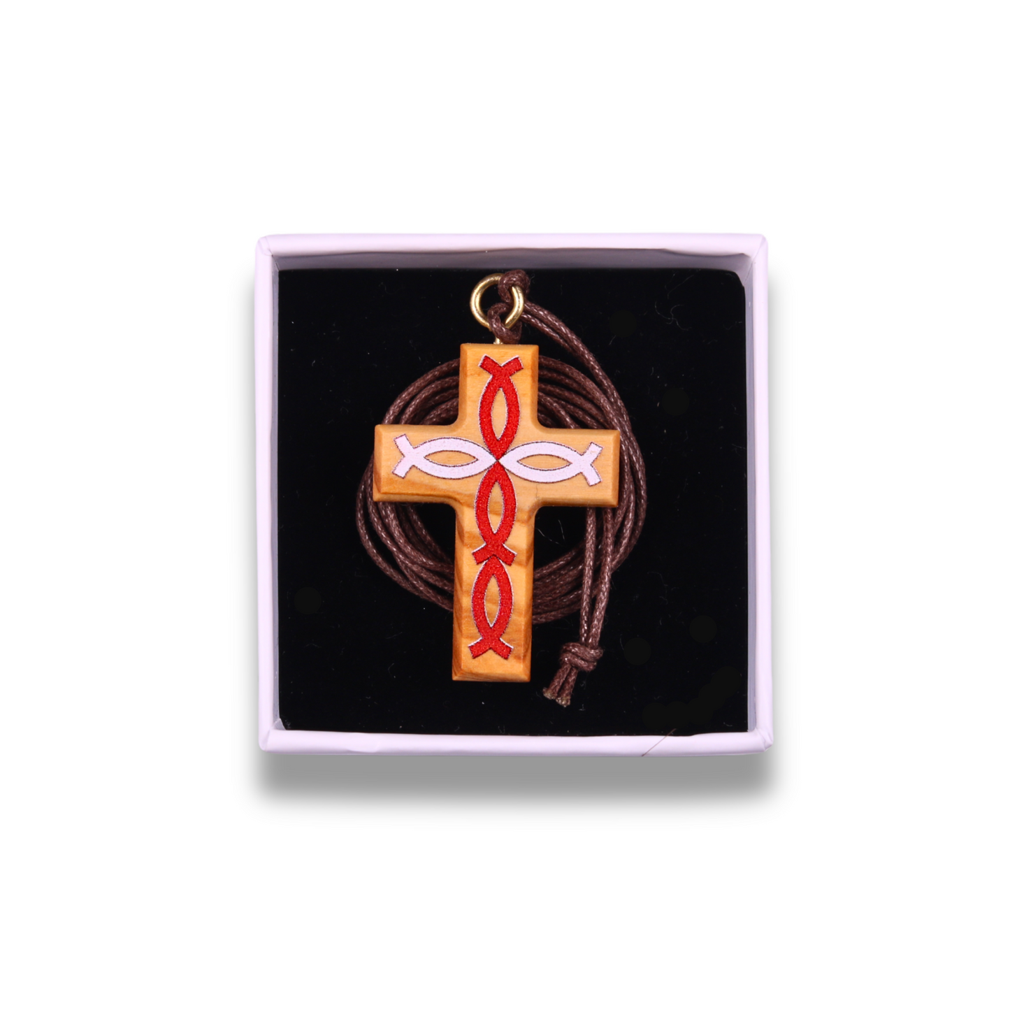 Olive wood cross pendant with red fish symbols in a gift box