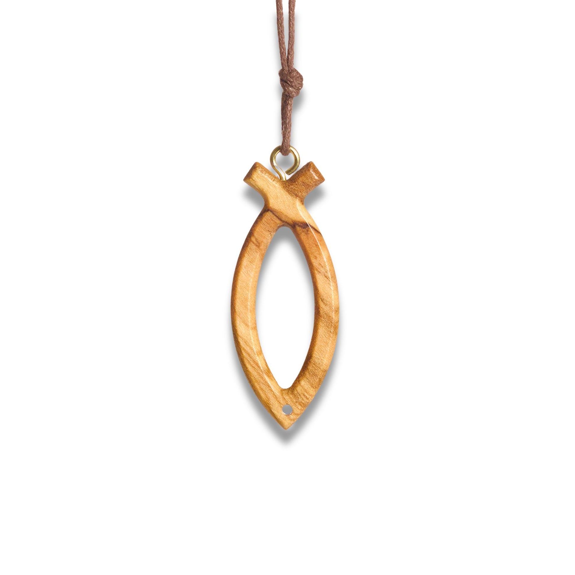 Olive wood fish-shaped pendant on a white background