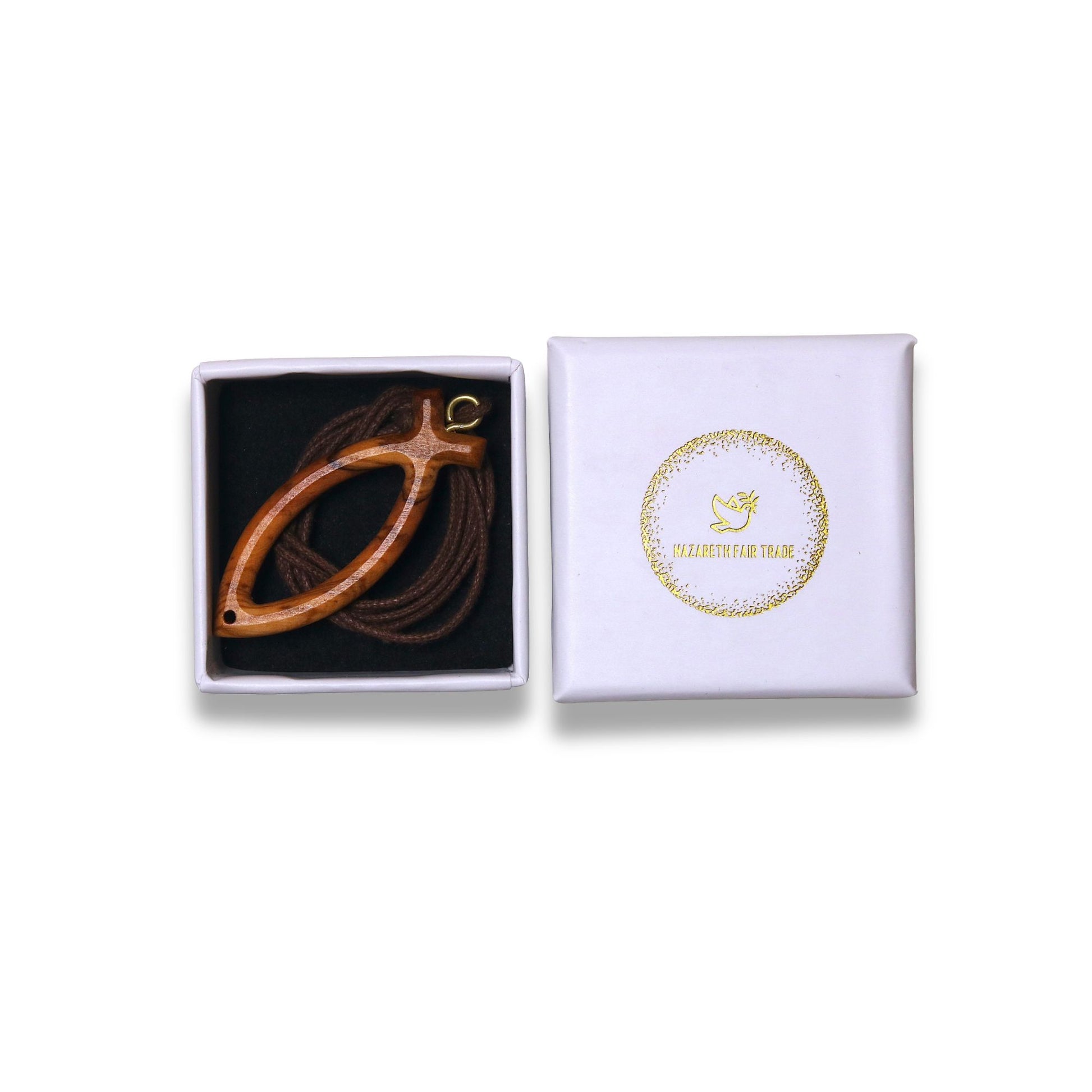 Olive wood Ichthus symbol cross necklace in gift box