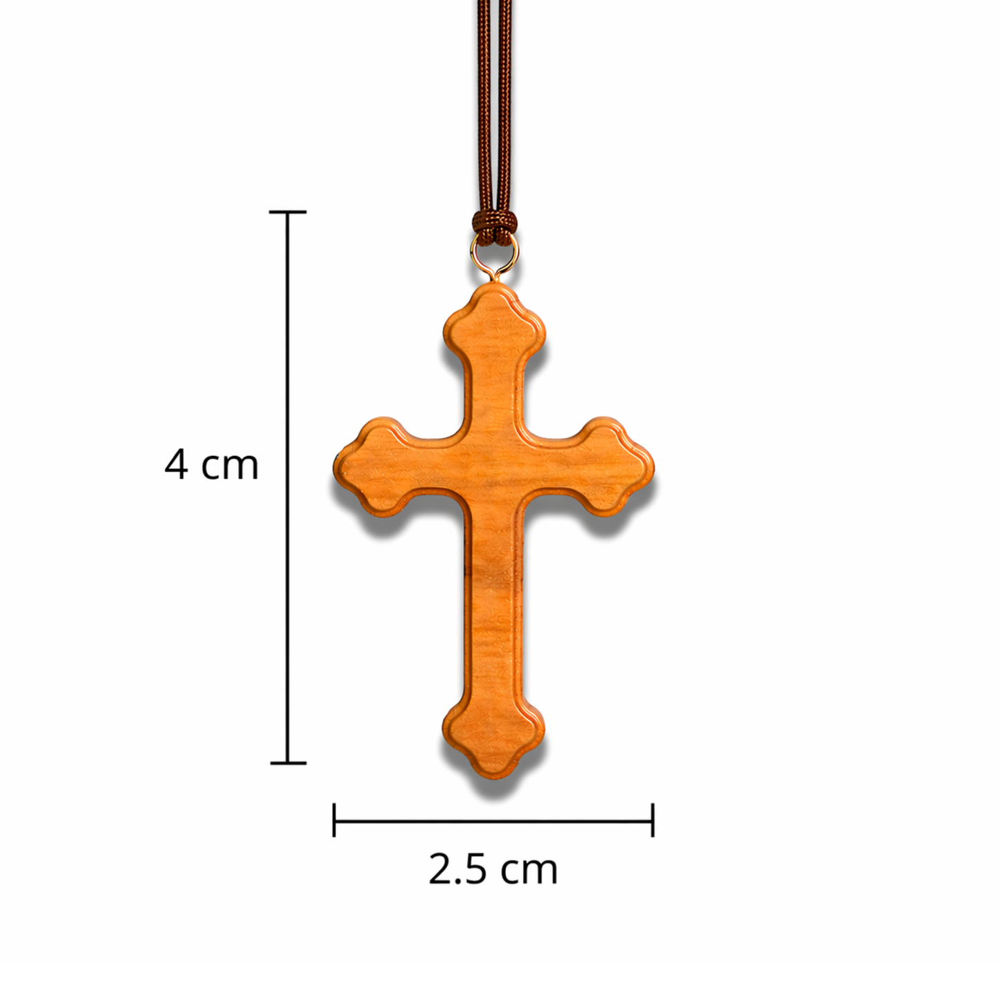 Wooden cross pendant with dimensions on a white background