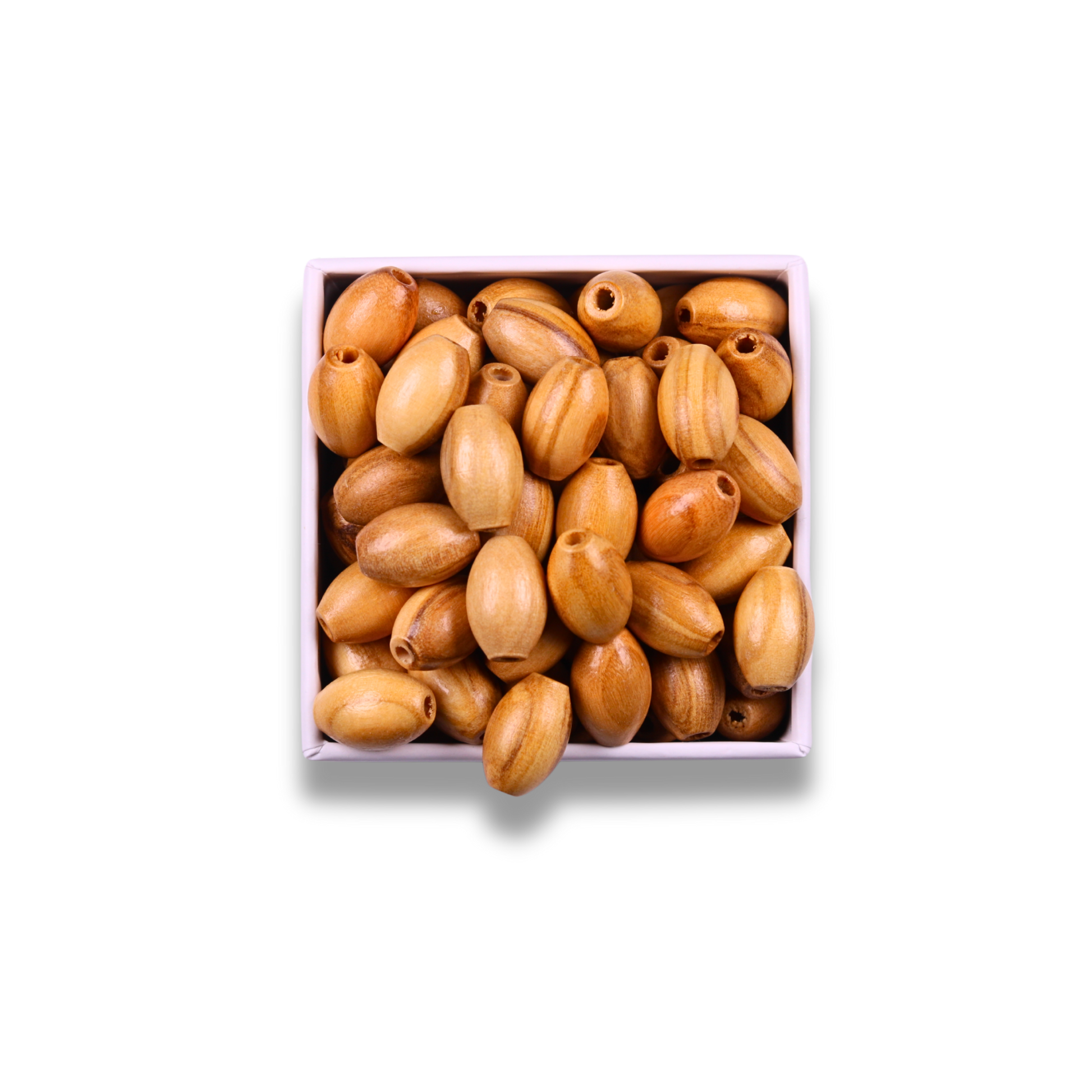 Box of olive wood beads on a white background